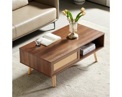 Salontafel - 105x55x40 cm - Rotan Schuifdeuren - Massief Houten Poten - Hout - Donker Walnoot