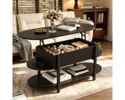 Salontafel 106x45x50-63 cm, in hoogte verstelbare koffietafel met opbergruimte, meerdere planken en verstelbaar tafelblad, metalen frame, zwart