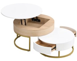 Salontafel - 2-delige Salontafel Set - Wit & Houtkleur - Inklapbare Nesting Tafel met 2 Lades - Verstelbare Hoogte - Woonkamer