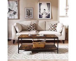 Salontafel 2-laags met open opbergplank - Moderne industriële stijl - Metalen frame - Verstelbare tafelpoten - Waterdicht bureaublad - Rustiek bruin - 110x60x45cm