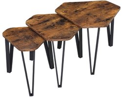 Salontafel 3-delige set Bijzettafels 58,7x51,9x45,5cm+51,2x45,9x43cm+39,6x35,9x40cm Bruin + Zwart Stevige metalen frameconstructie Los te gebruiken of in elkaar te schuiven Eenvoudig te monteren Voor woonkamer slaapkamer en naast de bank