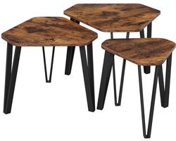 Salontafel 3-delige set, theetafel, eettafel, stapelbare bijzettafels, stevig en eenvoudig te monteren, geschikt voor woonkamer, eetkamer en slaapkamer, 58,7 x 51,9 x 45,5 cm + 51,2 x 45,9 x 43 cm + 39,6 x 35,9 x 40 cm, bruin + zwart.