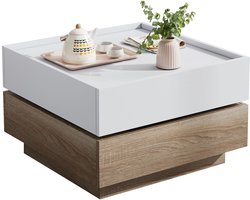 Salontafel - 360° Draaibaar - Vierkant Design - 2 Lades met Opbergruimte - Wit en Walnoot - 60 x 60 x 38 cm