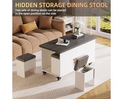 Salontafel 4-in-1 Uitschuifbare Eettafel met Liftfunctie 105x100x69 cm – Salontafel met LED Verlichting, Opbergruimte & 4 Krukken – Transformeerbare Koffietafel voor 6-8 Personen – Wit/Grijs – Faisal