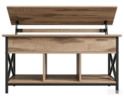 Salontafel 60 x 100 x (48-62) cm, naturel koffietafel, bijzettafel, opbergtafel met deels verstelbaar tafelblad en meerdere opbergvakken, stevig en duurzaam metalen frame, geschikt voor woonkamer, keuken en slaapkamer