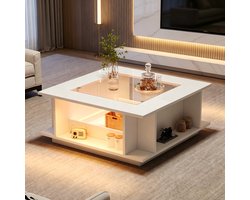 Salontafel 70x70x30 cm - vierkante koffietafel - glazen blad - met LED-verlichting - bijzettafel - banktafel - woonkamer tafel - wit