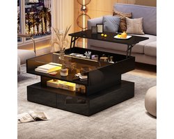 Salontafel - 80 x 80 x 45 cm - Verstelbare Salontafel met 2 Laden en Opbergruimte - LED - Glas - Zwart