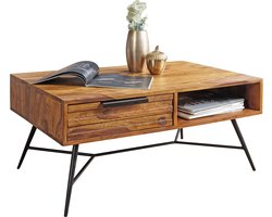 Salontafel 87 x 41 x 55 cm massief sheeshamhout | Design houten tafel met opbergruimte en lade | Massief houten tafel woonkamer | Retro industriële salontafel met metalen poten