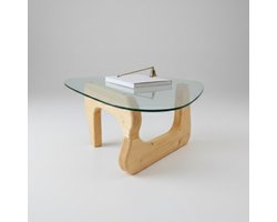Salontafel 90 x 65 cm – Asymmetrisch Design – Naturel Hout & Gehard Glas 8mm