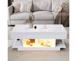 Salontafel 98*45*40 cm - In hoogte verstelbare bijzettafel - Salontafel met twee opklapbare kastjes - Halfopen opbergruimte - LED-verlichting - Wit
