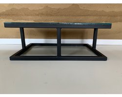 salontafel - appel- en eikenhout in turquoise epoxy met stalen designframe