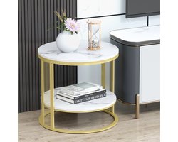 Salontafel - Bijzettafel - Bank Tafeltje - Koffietafel - Tafeltje - Laptop tafel - Rond - Wit - Goud - Marmer look