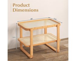 Salontafel – Bijzettafel – Koffietafel – Nachtkastje – Side Table – Bamboe Frame – Afneembaar Glazen Blad – Rattan Plank – 70,5 x 44,5 x 54,5 cm