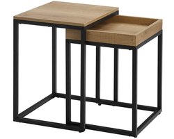 Salontafel Bijzettafel Set 2 Stuks 45x40x55 cm + 40x38x51 cm Naturel Zwart Metalen Frame Nestbaar Ontwerp Met Verborgen Opbergruimte Stevig Duurzaam Modern Minimalistisch Stijlvol Voor Woonkamer Slaapkamer