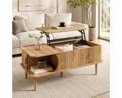 Salontafel - Bijzettafel - Verhoogbaarl - Uitschuifbaar Blad - Multifunctioneel Woonkamermeubilair - Verborgen Opbergvakken - Met schuifdeur - Houten tafelpoten - Voor Woonkamer En Werkhoek - Natuurlijke houtkleur