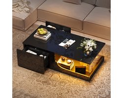 Salontafel – Coffee Table – Sofa Table – Woonkamertafel – Bijzettafel – Modern Design – Glas Tafelblad & Zwart Metaal Frame – 2 Lades Met Kastdeurtje – Compact & Praktisch