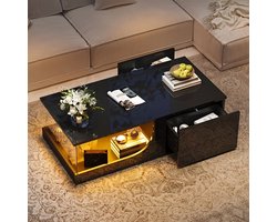 Salontafel – Coffee Table – Sofa Table – Woonkamertafel – Bijzettafel – Modern Design – Glas Tafelblad & Zwart Metaal Frame – 2 Lades Met Kastdeurtje – Compact & Praktisch