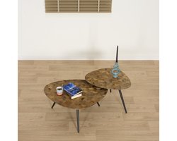 Salontafel Covas (set 2 stuks) - Gerecycled Teakhout / Metaal - Bruin / Zwart - 80x36x59 / 59x43x48 cm (BxHxD) - Organische Vorm - Mozaïek blad