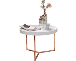 salontafel EVA 58,5x42x58,5cm wit / koperen salontafel metaal rond | Design retro salontafel modern | Kleine loungetafel met metalen frame | Ronde dienbladlijst met houten plaat