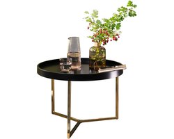 Salontafel EVA 58,5x42x58,5cm zwart / goud salontafel metaal rond | Design retro salontafel modern | Kleine loungetafel met metalen frame | Ronde dienbladlijst met houten plaat