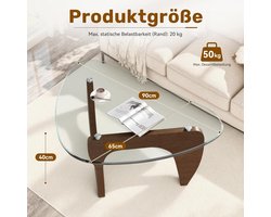 Salontafel Glas Walnoot Design - House&Garden Mid-Century Driehoekige Koffietafel met 8 mm Gehard Bruin Glas & MDF Poten - Moderne Woonkamertafel 90x65x40 cm