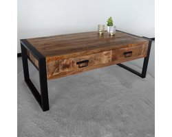 Salontafel industrieel mangohout Kai 120cm side table met 2 lades duurzaam massief hout mango bijzettafel