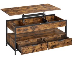 Salontafel, koffietafel, bijzettafel, opbergtafel met deels verstelbaar tafelblad, 3 opbergvakken, 1 open opbergvlak en 2 lades, stevig en duurzaam metalen frame, geschikt voor woonkamer, keuken en slaapkamer, 50 x 100 x (48-63) cm, bruin.