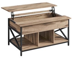 Salontafel, koffietafel, bijzettafel, opbergtafel met deels verstelbaar tafelblad en meerdere opbergvakken, stevig en duurzaam metalen frame, geschikt voor woonkamer, keuken en slaapkamer, 60 x 100 x (48-62) cm, naturel.