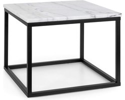 Salontafel, koffietafel, bijzettafel, tafelblad: wit marmer, binnen en buiten, frame: metaal, 20 x 20 mm, kleur: zwart/wit, afmetingen: 50 x 40 x 50 cm (b x h x d)