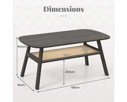 Salontafel – Koffietafel – Bijzettafel – Woonkamertafel – Tafel – Rattan Opbergruimte – Rubberen Houten Poten