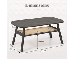 Salontafel – Koffietafel – Bijzettafel – Woonkamertafel – Tafel – Rattan Opbergruimte – Rubberen Houten Poten