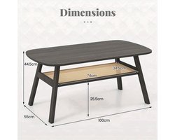Salontafel – Koffietafel – Bijzettafel – Woonkamertafel – Tafel – Rattan Opbergruimte – Rubberen Houten Poten