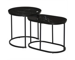 Salontafel – Koffietafel – Bijzettafel – Woonkamertafel – Zwart Stalen Frame – Stapelbaar & Marmerlook MDF Blad – 50 x 50,5 cm / 60 x 36 cm – Max 30 kg Draagkracht