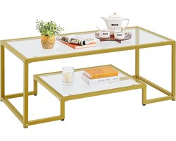 Salontafel, koffietafel met 2 open planken, bijzettafel van gehard glas en metalen frame, glazen tafel voor woonkamer, terras, balkon, 106 x 50 x 45 cm