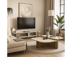 Salontafel L-vorm 90x90x33 cm – travertin look met walnoot houtlook – moderne Scandinavische woonkamertafel met afgeronde hoeken – Urbanhome