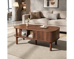 Salontafel licht hout – 110 x 55 x 45 cm – MDF met roldeur en open opbergvakken – Belastbaar tot 60 kg
