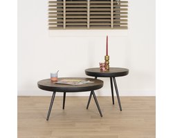 Salontafel Luso (set 2 stuks) - Gerecycled Teakhout / Metaal - Bruin / Zwart - 70x37x70 / 50x44x50 cm (BxHxD) - Ronde Tafels