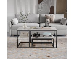 Salontafel - marmerpatroon - goudkleurig metalen frame - afgeronde hoeken - verstelbare voetenbank - twee opbergniveaus - kan als twee aparte tafels worden gebruikt - 52x105x48 cm (LxBxH) - eigentijdse stijl - zwart