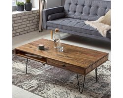 Salontafel Massief Hout 110x60x40 cm met Lades & Opbergruimte – Industriële Sheesham Couchtisch met Hairpin Poten – Handgemaakt – Pauwhome