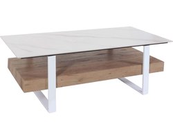 Salontafel MCW-L88, woonkamer tafel tafel, plank ijzer 43x120x60cm gesinterde steen marmer look wit natuurlijk hout