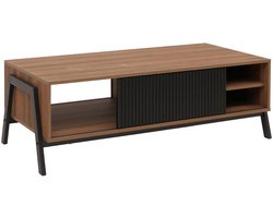 Salontafel MCW-O40, woonkamertafel, opbergvakken, schuifdeur, MDF, metaal, melamine, 42x120x60 cm ~ naturel