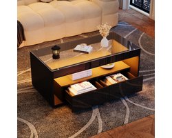 Salontafel met 16 kleuren LED verlichting - rechthoekige salontafel met 2 grote lades - ruime glazen woonkamertafel - dubbeldeks design - zwart