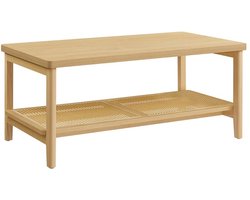Salontafel met 2 niveaus, woonkamertafel met opbergruimte, tafel woonkamer, banktafel met plank van pvc-rotan, afgeronde hoeken, boho-stijl, eikenbeige
