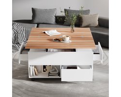 Salontafel Met 4 Laden En Wielen In Hoogte Verstelbaar Uitschuifbaar Wit En Houtkleur - 100 Cm