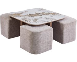 Salontafel met 4x poef Sirius Goudbruin - Stof - Rechthoek - 80x45cm - Hoogte 80 cm
