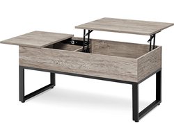 Salontafel met in hoogte verstelbaar bord, hefblad, salontafel, woonkamertafel, aparte verborgen opbergruimte, frisdranktafel, metalen frame, robuust grijs