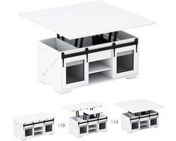 Salontafel met in Hoogte Verstelbaar Tafelblad 105 cm Landhuis-Centrale Tafel met 2 Schuifdeuren in Schuurstijl-Wit