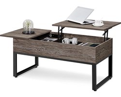 Salontafel met in hoogte verstelbare plaat, koffietafel, woonkamertafel, gescheiden verborgen opbergruimte, banktafel, stabiel metalen frame, taupe hout