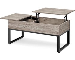 Salontafel met in hoogte verstelbare plaat, lift top, koffietafel, woonkamertafel, gescheiden verborgen opbergruimte, sofastafel, metalen frame, robuust grijs