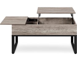 Salontafel met in hoogte verstelbare plaat, lift top, koffietafel, woonkamertafel, gescheiden verborgen opbergruimte, sofastafel, metalen frame, robuust grijs